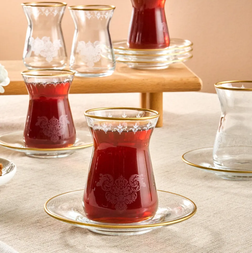 Karaca Gent 12-Piece Turkish Tea Set for 6 People, 132ml, Gold