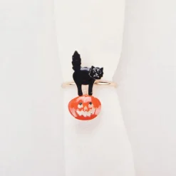 Karaca Halloween Pumpkin with Cat Napkin Ring Set, 2 Piece, 6.5cm, Black Orange