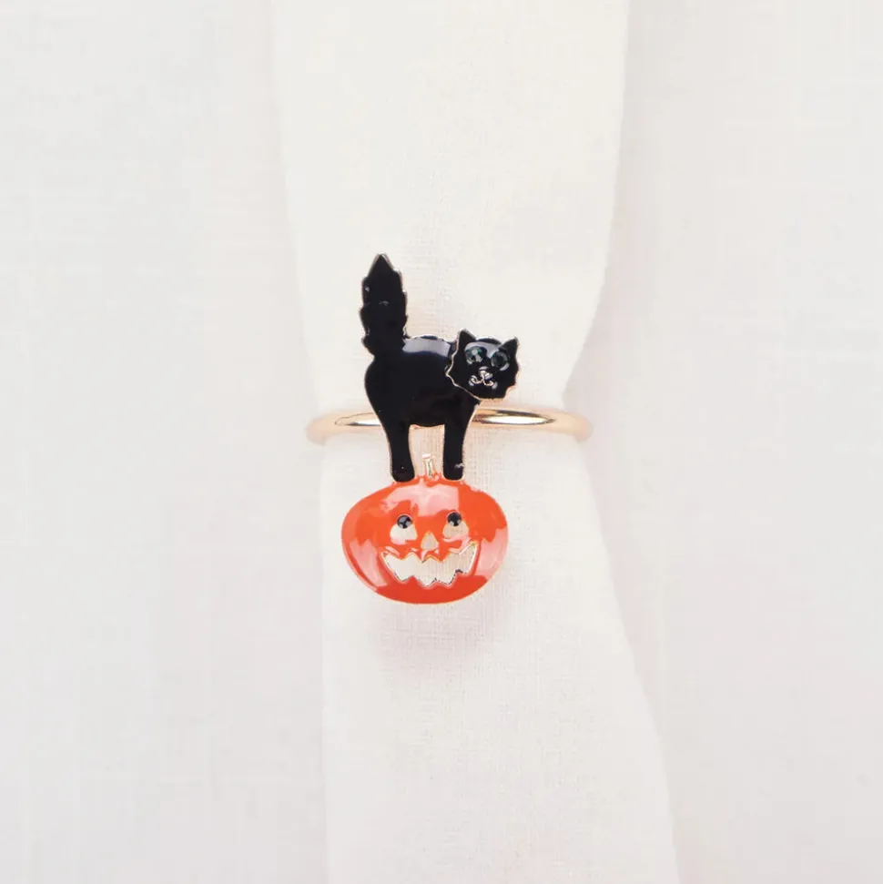 Karaca Halloween Pumpkin with Cat Napkin Ring Set, 2 Piece, 6.5cm, Black Orange