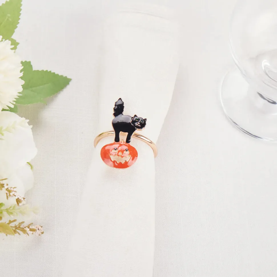 Karaca Halloween Pumpkin with Cat Napkin Ring Set, 2 Piece, 6.5cm, Black Orange