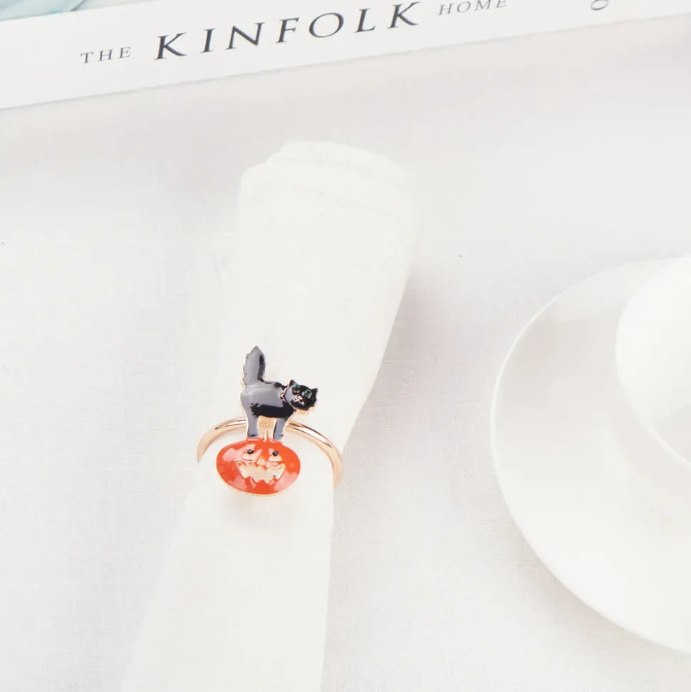 Karaca Halloween Pumpkin with Cat Napkin Ring Set, 2 Piece, 6.5cm, Black Orange