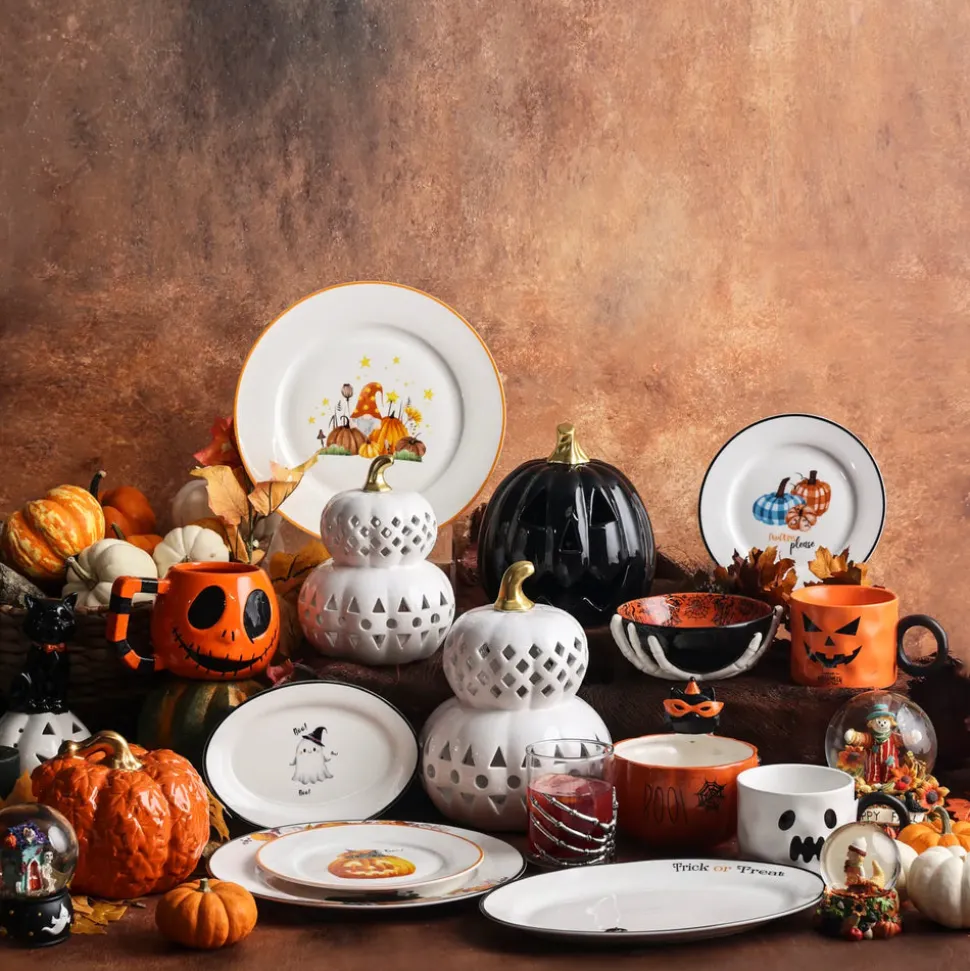 Karaca Halloween Pumpkin with Cat Napkin Ring Set, 2 Piece, 6.5cm, Black Orange