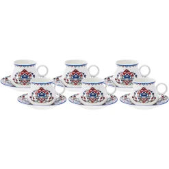 Karaca Hattat 12-Piece Porcelain Espresso Turkish Coffee Cup Set for 6 People, 90ml, White Multi