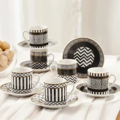 Karaca Helenistik 12-Piece Porcelain Espresso Turkish Coffee Cup Set for 6 People, 80ml, Black