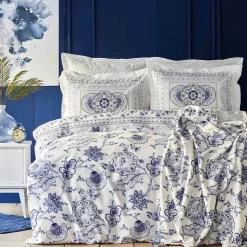 Karaca Home Amar Blue 100% Cotton Duvet Cover Set, Double