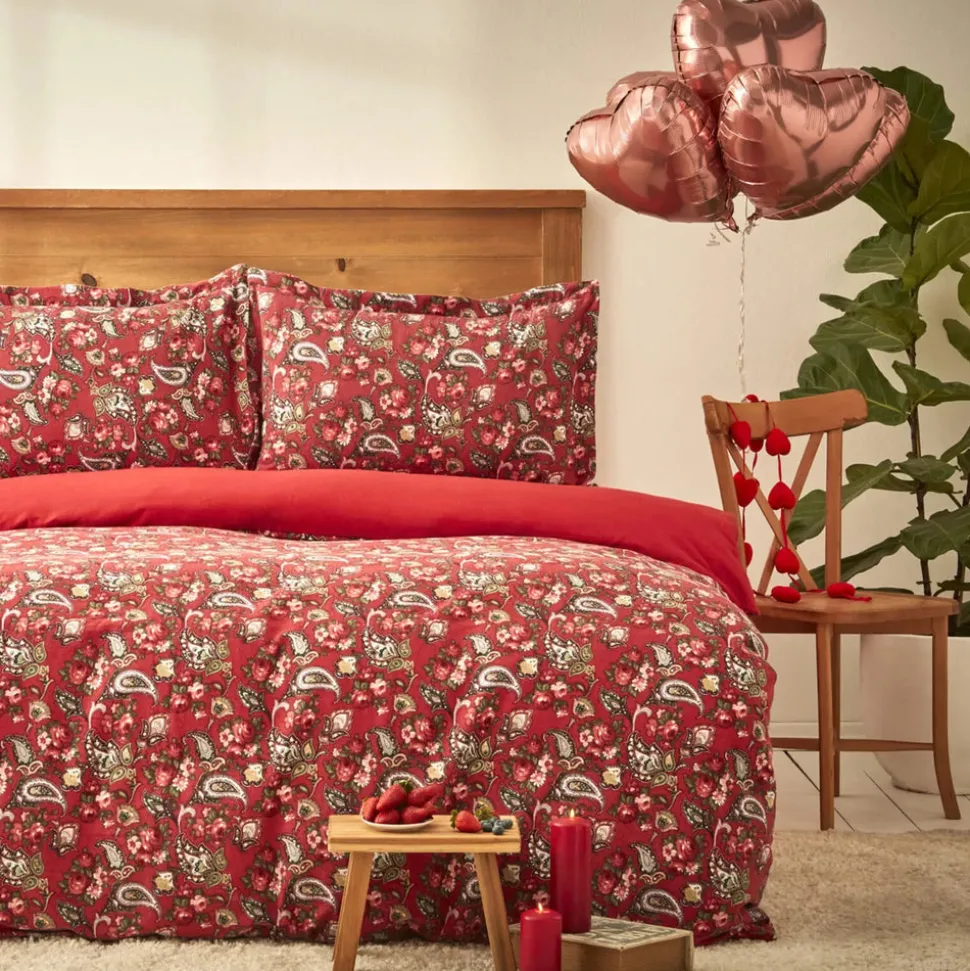 Karaca Home Despina 100% Turkish Cotton Flannel Duvet Cover Set with Bed Sheet, Double, Red Multi