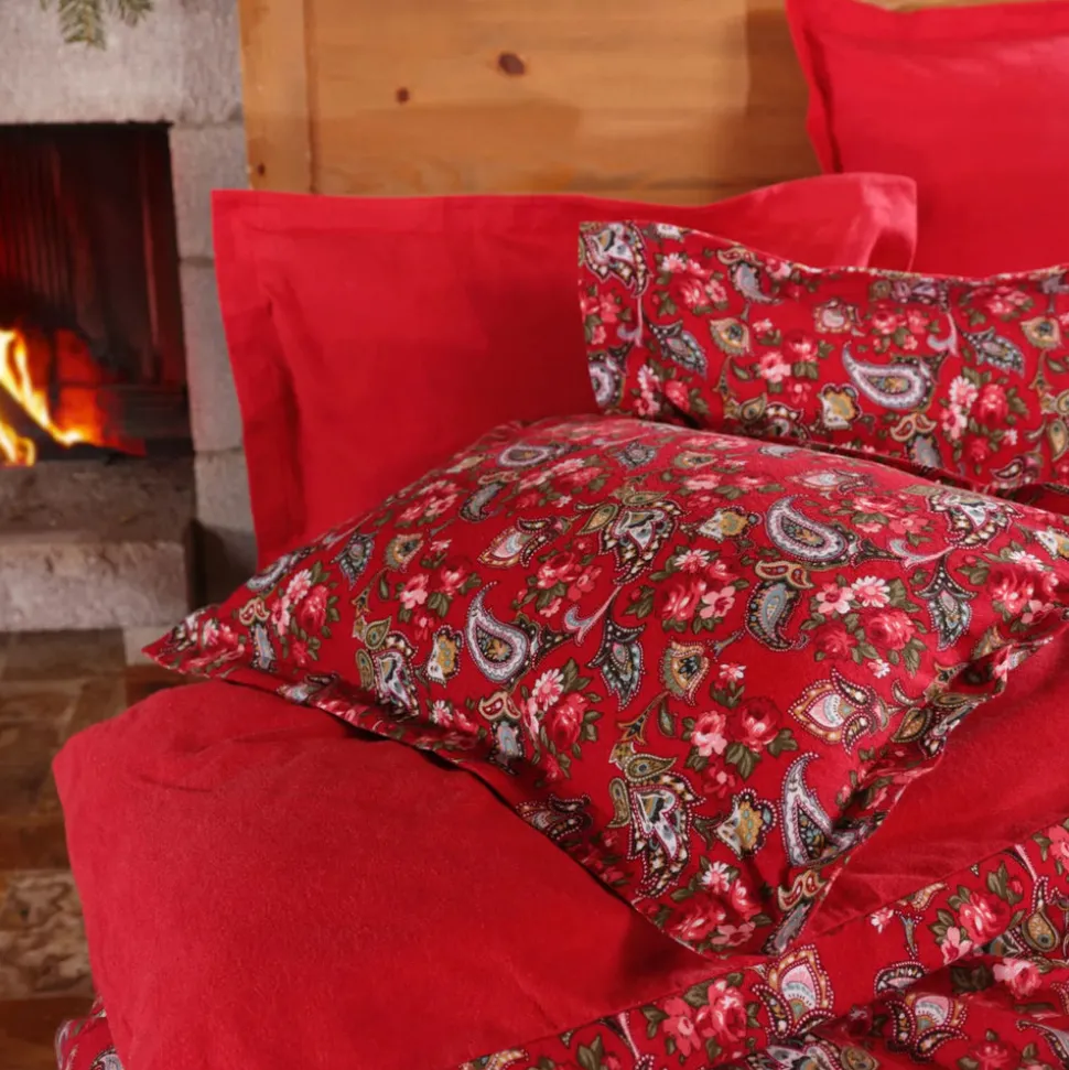 Karaca Home Despina 100% Turkish Cotton Flannel Duvet Cover Set with Bed Sheet, Double, Red Multi