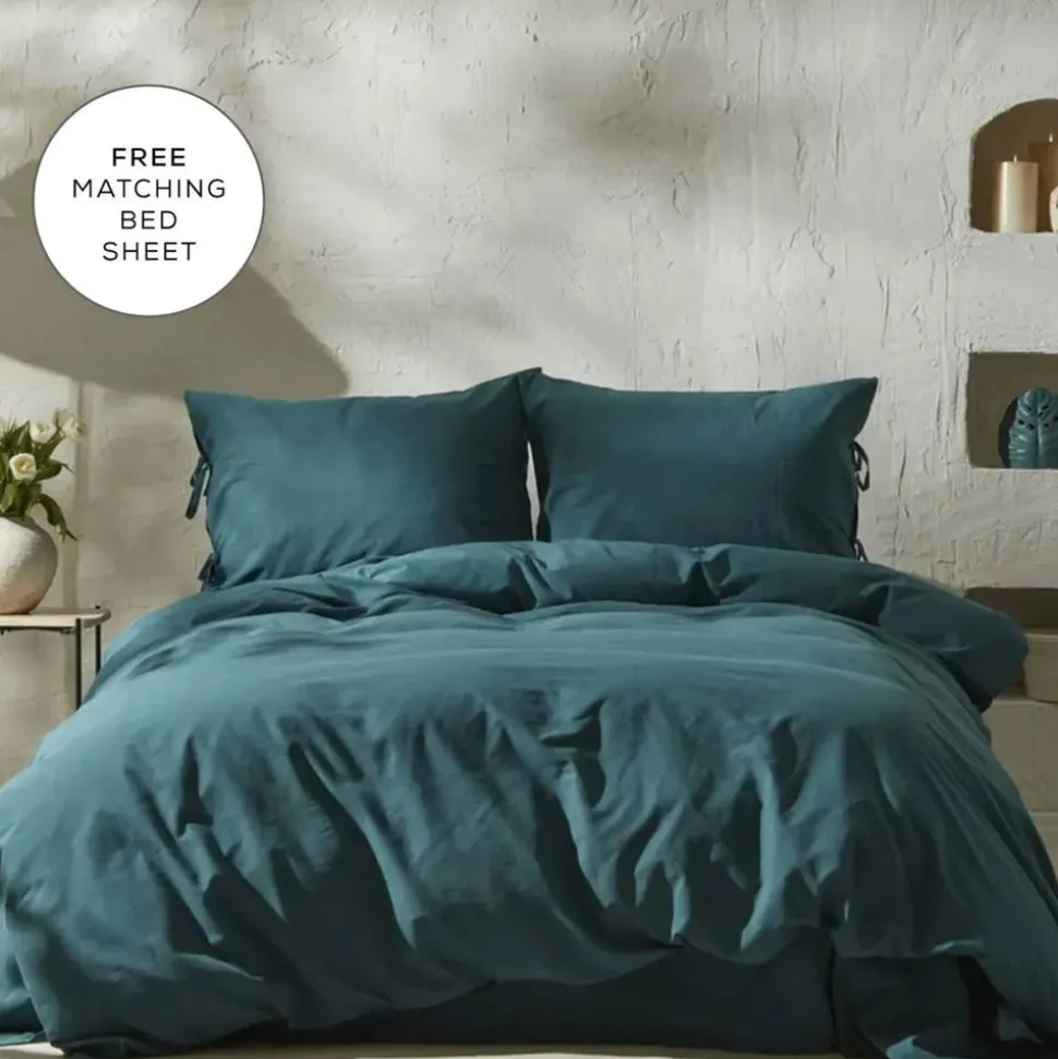 Karaca Home 4 Elements 100% Turkish Cotton Duvet Cover Set with Bed Sheet, Double, Petrol