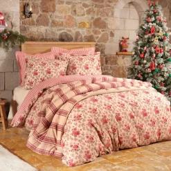 Karaca Home Luis 100% Turkish Cotton Flannel Duvet Cover Set with Bed Sheet, Double, Red Multi