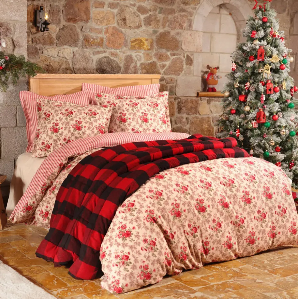Karaca Home Luis 100% Turkish Cotton Flannel Duvet Cover Set with Bed Sheet, Double, Red Multi