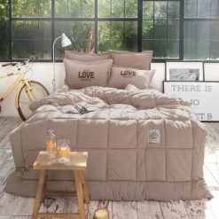 Karaca Home Motto 100% Turkish Cotton Comfort Bedding Set, Double, Beige