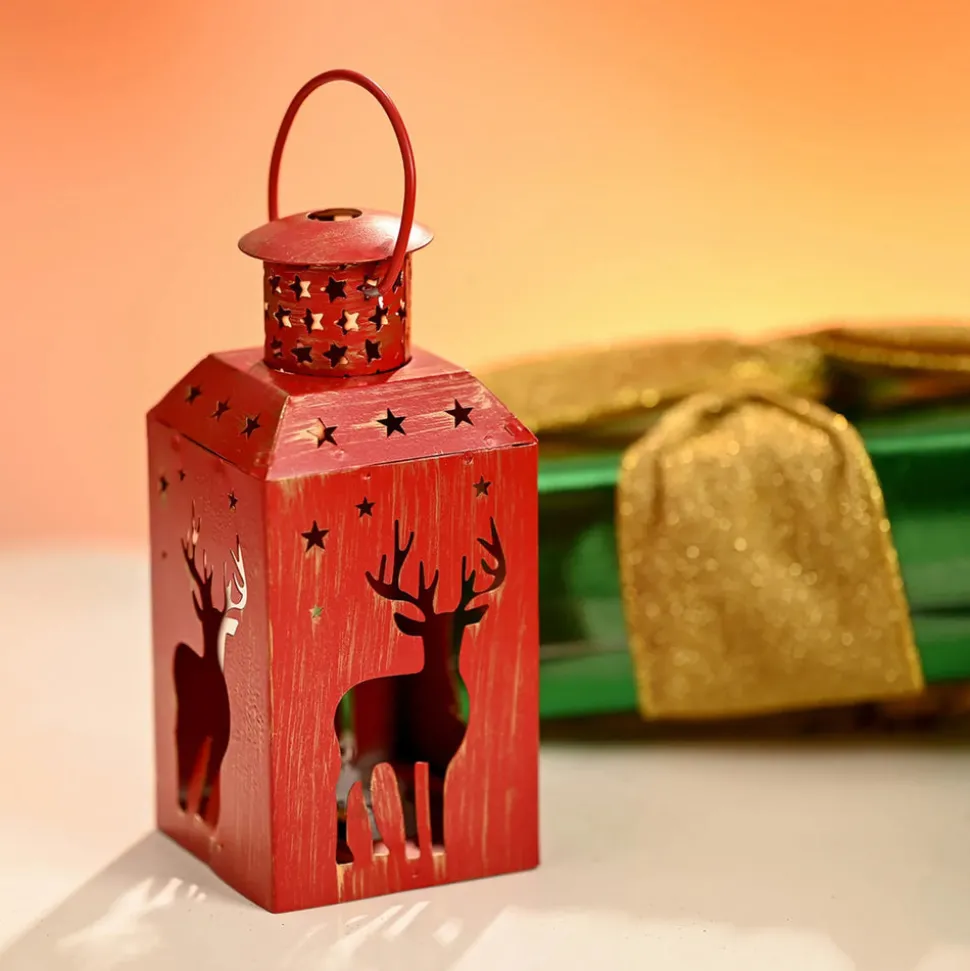 Karaca Home New Year Christmas Deer Metal Decorative Led Light Lantern, 13cm, Red