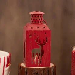 Karaca Home New Year Christmas Deer Metal Decorative Led Light Lantern, 13cm, Red