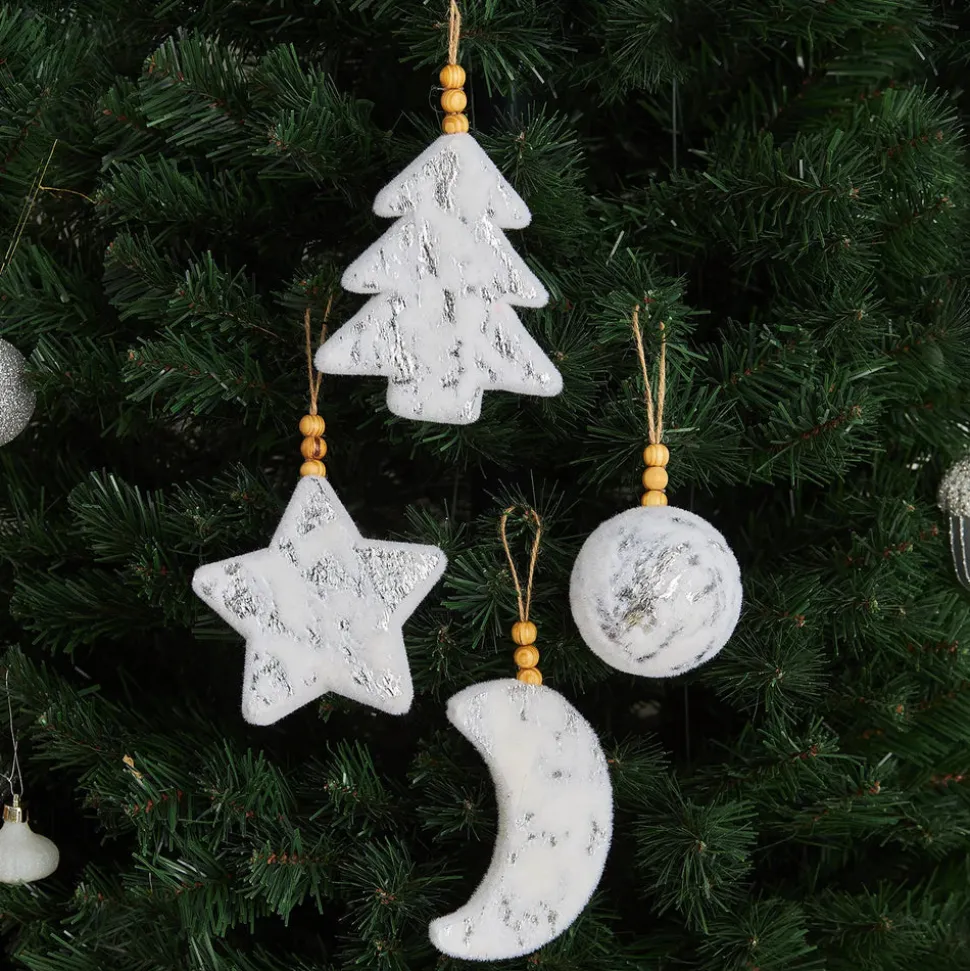 Karaca Home New Year Christmas Puffy Tree Decoration Set, 4 Piece, 8cm, White Gold