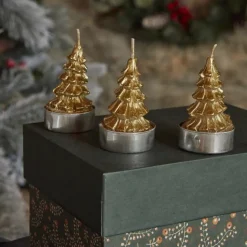Karaca Home New Year Gold Tree 3-Piece Tealight Candles, Gold