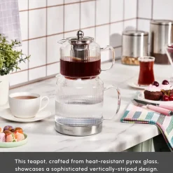 Karaca Kelly Borosilicate Glass Induction Teapot Set, Medium, Transparent Silver