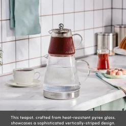 Karaca Keops Borosilicate Glass Teapot Set, Transparent Silver