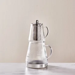 Karaca Keops XL Borosilicate Glass Teapot Set, Transparent Silver