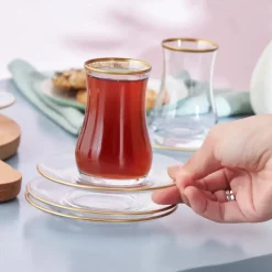 Karaca Kirke 12 Piece Glass Turkish Tea Set for 6 People, 110ml, Gold Transparent