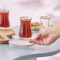 Karaca Kirke 12 Piece Glass Turkish Tea Set for 6 People, 110ml, Gold Transparent