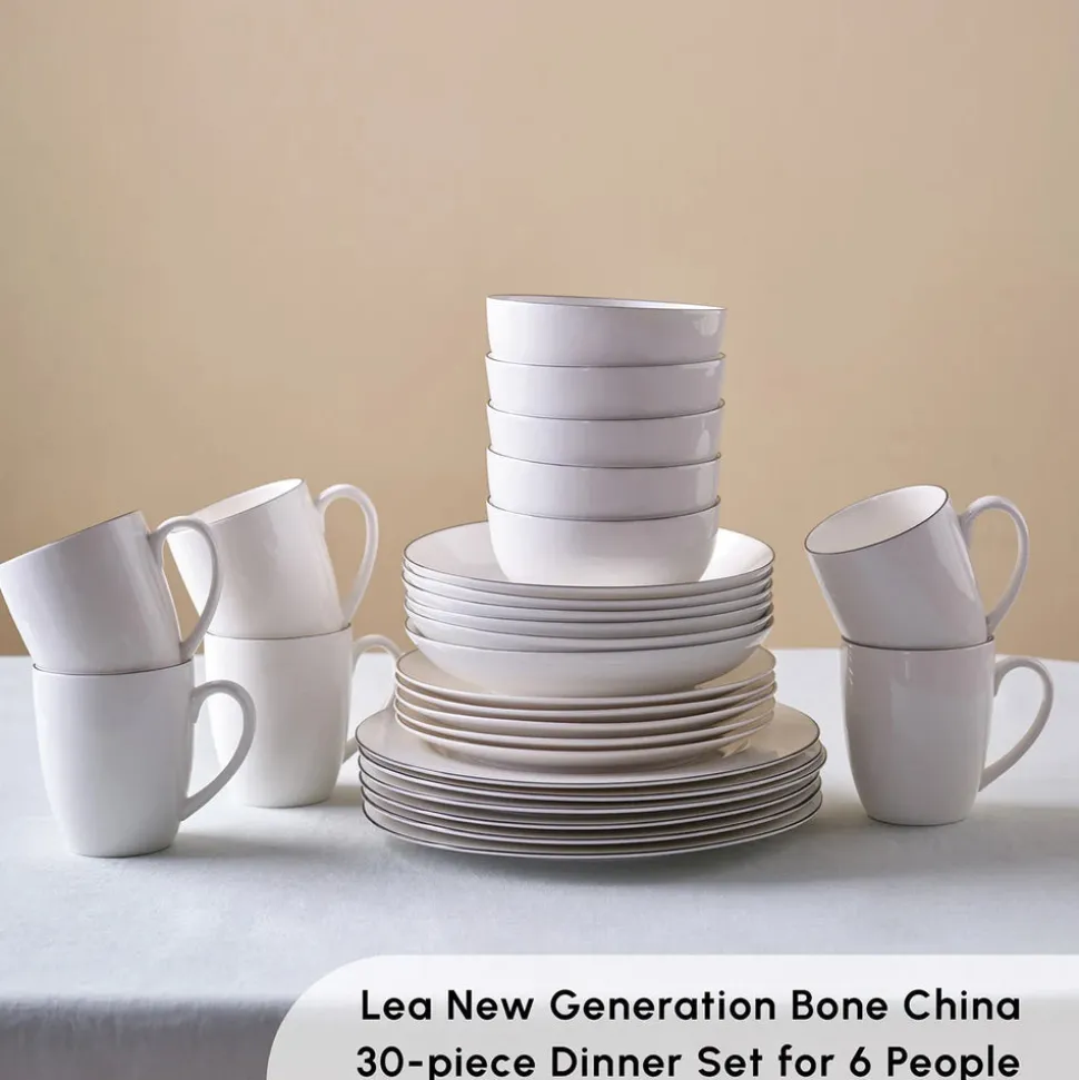Karaca Lea 30-Piece Bone China Dinner Set for 6 People, White Black