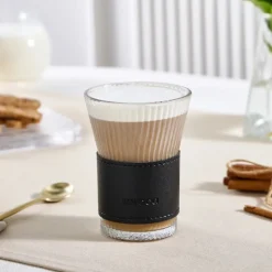 Karaca Leather Cool Touch Latte Coffee Glass, 210 Ml, Black