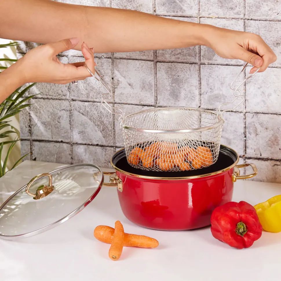 Karaca Love of Kitchen Retro Enamel Induction Frying Pot, 22cm, Red