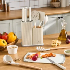 Karaca Massimo 12-Piece Knife Block Set, Chopping Board and Kitchen Utensil Set, Cream