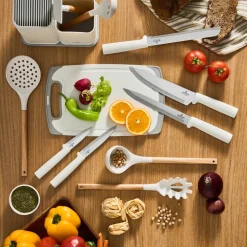 Karaca Massimo 12-Piece Knife Block Set, Chopping Board and Kitchen Utensil Set, Cream