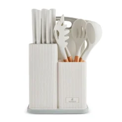 Karaca Massimo 12-Piece Knife Block Set, Chopping Board and Kitchen Utensil Set, Cream
