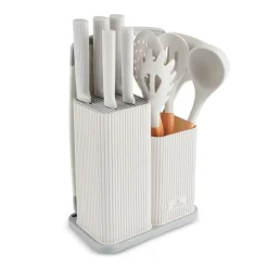 Karaca Massimo 12-Piece Knife Block Set, Chopping Board and Kitchen Utensil Set, Cream