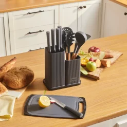 Karaca Massimo 12-Piece Knife Block Set, Chopping Board and Kitchen Utensil Set, Anthracite