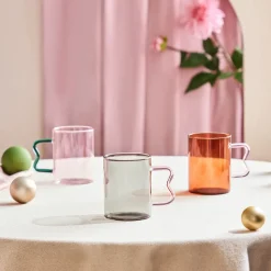 Karaca Miracle Glass Mug, 450ml, Anthracite Pink Zigzag