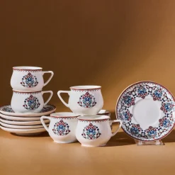 Karaca Nakkaş 12-Piece Porcelain Espresso Turkish Coffee Cup Set for 6 People, 100ml, Multi
