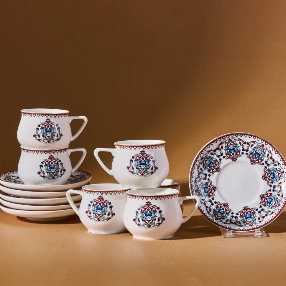 Karaca Nakkaş 12-Piece Porcelain Espresso Turkish Coffee Cup Set for 6 People, 100ml, Multi