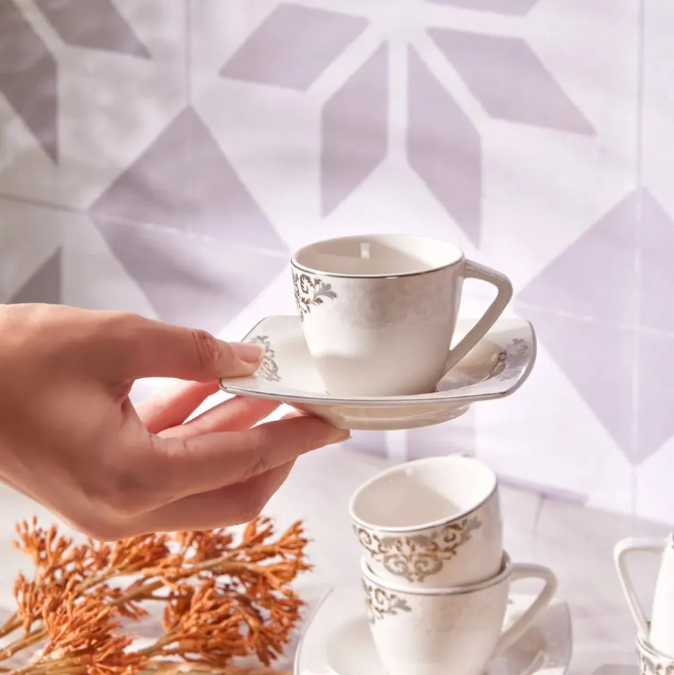 Karaca Nazende 12 Piece Porcelain Espresso Turkish Coffee Cup Set for 6 People, 80ml, White Platinum