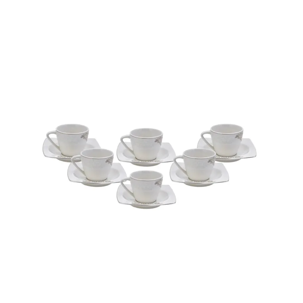 Karaca Nazende 12 Piece Porcelain Espresso Turkish Coffee Cup Set for 6 People, 80ml, White Platinum