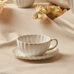 Karaca New Daisy Stoneware Glass Tea Cup and Saucer, 250ml, White