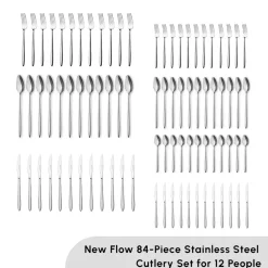 Karaca New Flow 84-Piece Stainless Steel Cutlery Set for 12 People, Silver