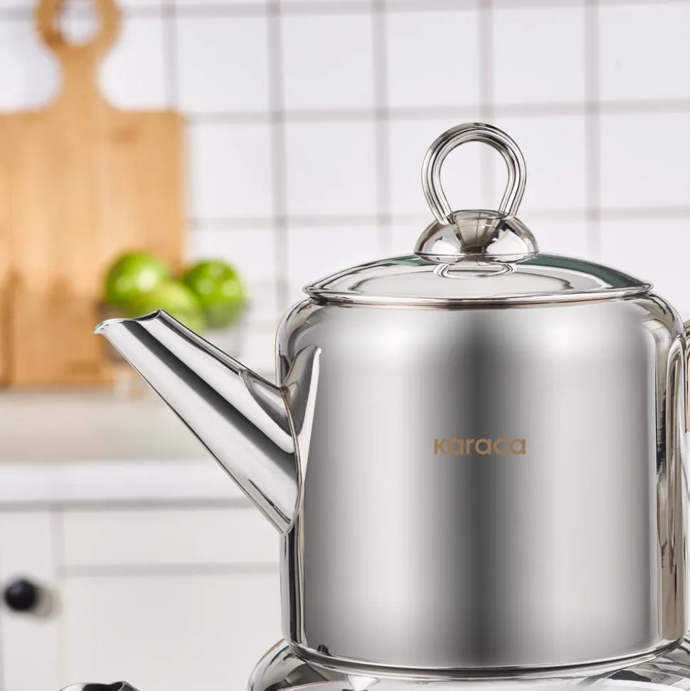 Karaca New Mani Stainless Steel Midi Size Teapot Set, Large, Silver
