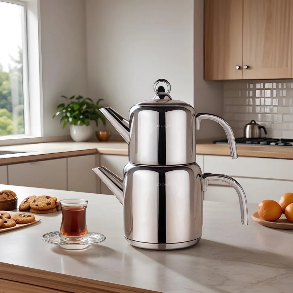 Karaca New Mani Stainless Steel Midi Size Teapot Set, Large, Silver