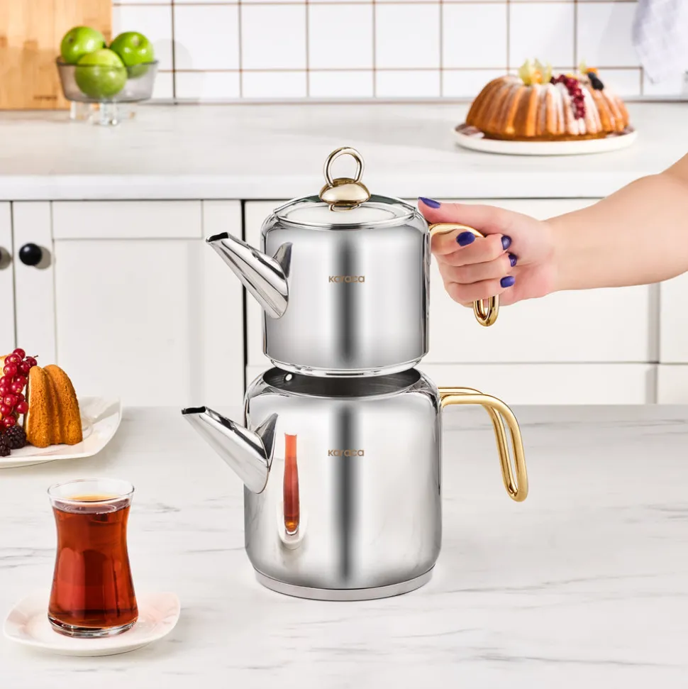 Karaca New Mira Midi Size Stainless Steel Teapot Set, Large, Gold