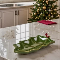 Karaca New Year Christmas Butcher's Broom Serving Platter, 22cm, Green