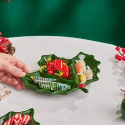 Karaca New Year Christmas Butcher's Broom Serving Plate, 20cm, Green
