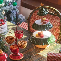 Karaca New Year Christmas Corrousel Ceramic Snack Bowl with Stand, 32cm, Multi