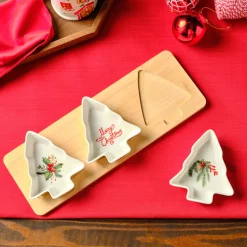 Karaca New Year Christmas 3-Piece Bamboo Pine Tree Snack Bowl, Multi