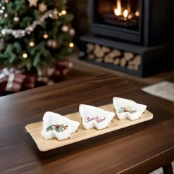 Karaca New Year Christmas 3-Piece Bamboo Pine Tree Snack Bowl, Multi