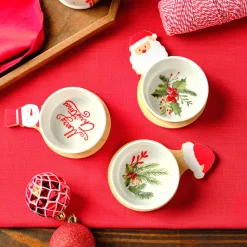 Karaca New Year Christmas 3-Piece Bamboo Santa Claus Snack Bowl, Multi