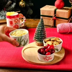 Karaca New Year Christmas 3-Piece Bamboo Santa Claus Snack Bowl, Multi