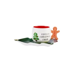 Karaca New Year Christmas 2-Piece Porcelain Tea Cup and Saucer Set, 180ml, White Green